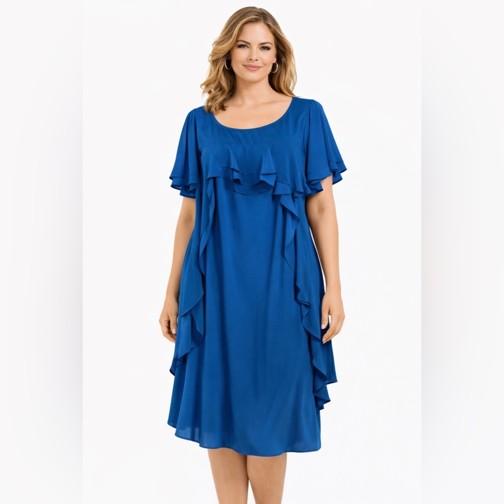 Julie Dillon NY Dress 16W Blue Silky Short Flutter Sleeve Career Church Party